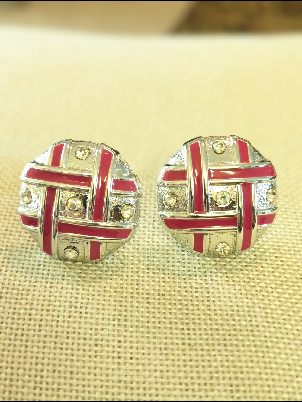 Silver-Tone Round Clip On Earrings with Red Enamel Weave